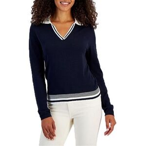 Nautica Jeans Womens Navy Collar Knit V-Neck Sweater NWT. Small